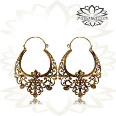 Pair of Ornate Brass Earrings Antiqued Tribal Hoops, Long Brass Hanger Earrings.