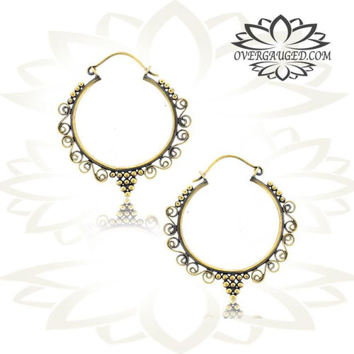 Pair of Ornate Brass Earrings, Antiqued Afghan Style Hoops Body Jewelry.