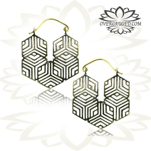Pair of Ornate Antiqued Geometric Hoops Brass Earrings Body Jewelry.