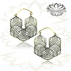 Pair of Ornate Antiqued Geometric Hoops Brass Earrings Body Jewelry.