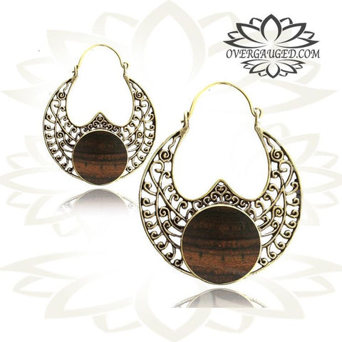 Pair of Brass Earrings, Small Ornate Antiqued Hill Tribal Hoops.