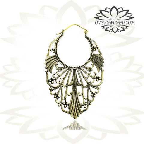 Pair of Big Tribal Brass Hoop Earrings With Inlay Shell, Piercing Hangers Body Jewelry.
