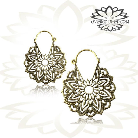 Pair of Long White Brass Earrings, Antiqued Flower of Life Tribal Hoops with Sterling Silver Wire, Silver Earrings.