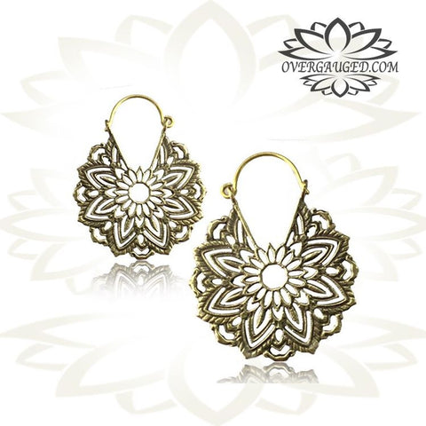 Pair Brass Earrings Antiqued Lotus Flower Tribal Hoops Hangers.