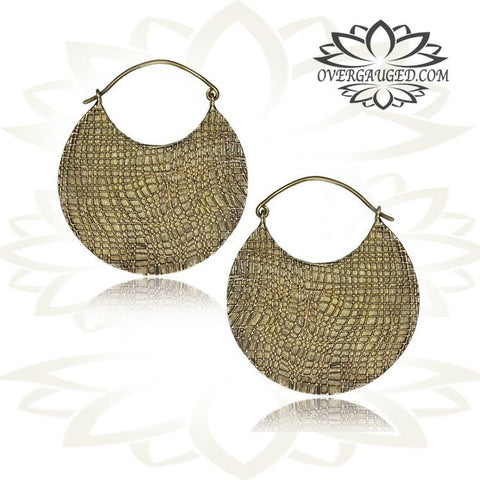 Pair of Big Tribal Brass Hoop Earrings With Inlay Shell, Piercing Hangers Body Jewelry.