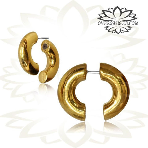 Pair of High Polished Brass Fake Piercing,Tribal Engraved Spirals With Sterling Silver Pin, 7/8&quot; Inch