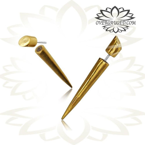 Pair Fake Piercing (5mm) High Polished Tribal Spike Expander With Sterling Silver Pin, Brass Earrings Fake Gauges.