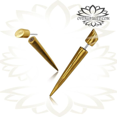 Pair of High Polished Brass Fake Piercing,Tribal Engraved Spirals With Sterling Silver Pin, 7/8&quot; Inch