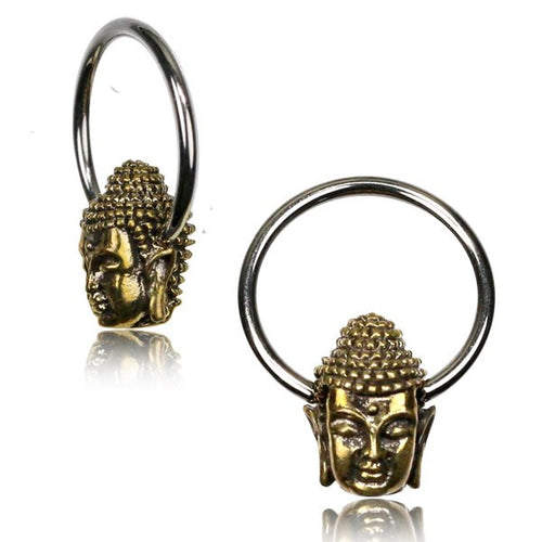 CBR Pair of Brass Buddha Head BCR, Brass Earrings, Nipple Rings (6mm bead) Piercing, Brass Body Jewelry.