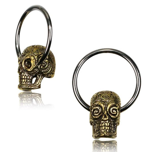 CBR Pair of Brass Day of the Dead Skull BCR Hoops, Brass Earrings Skulls Nipple Rings Earrings Piercing Body Jewelry.