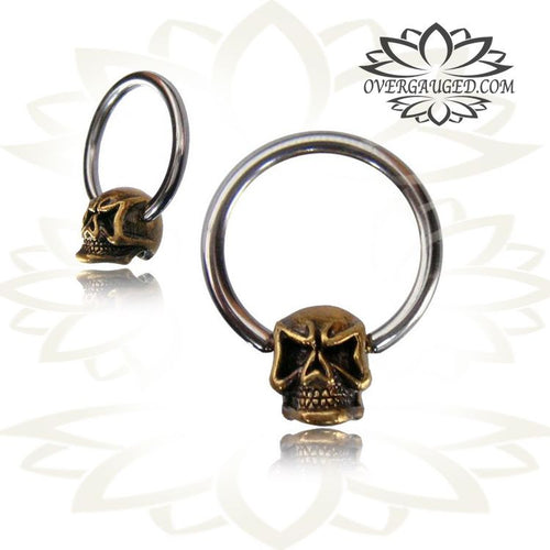 CBR Pair of Brass Earrings Angry Skull with Steel CBR Ornate Antiqued Brass Nipple Rings, Skull Earrings, Brass Body Piercing.
