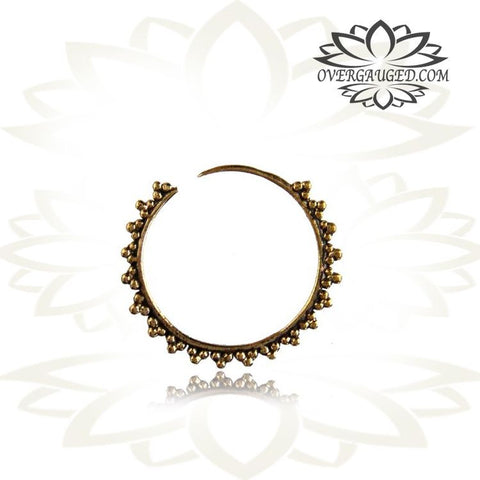 Pair Brass Earrings Antiqued Lotus Flower Tribal Hoops Hangers.