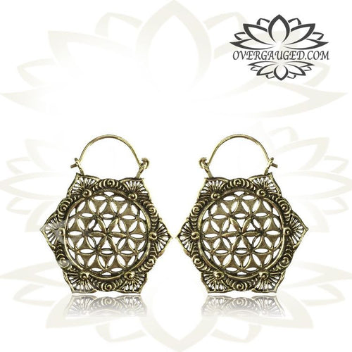Pair of Long Ornate Antiqued Flower of Life Tribal Hoops Brass Earrings Style.