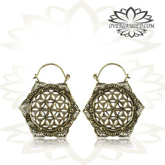 Pair of Long Ornate Antiqued Flower of Life Tribal Hoops Brass Earrings Style.