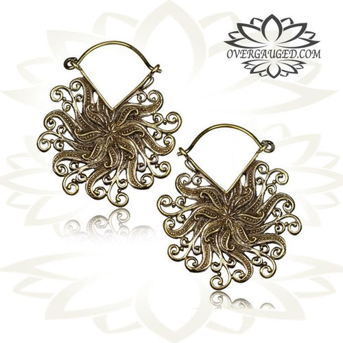Pair of Floral Brass Earrings Antiqued Flower Tribal Hoops.
