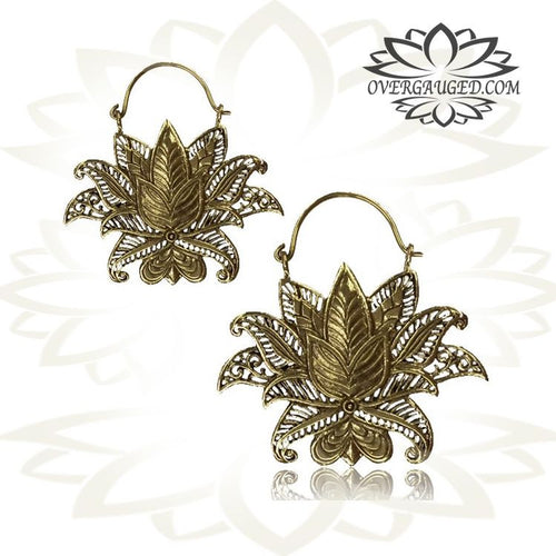 Pair of Brass Earrings Lotus Tribal Hoop Earrings, Tribal Brass Jewelry.