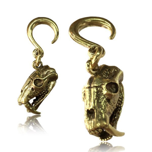 6g (4mm) Piercing Brass Saber Tooth Tiger Skull, Antiqued Animal Skulls Brass Earrings, Brass Body Jewelry.
