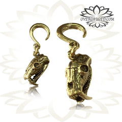 6g (4mm) Piercing Brass Saber Tooth Tiger Skull, Antiqued Animal Skulls Brass Earrings, Brass Body Jewelry.