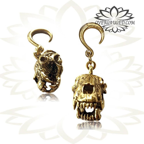 6g (4mm) Piercing Brass Bear Skull Earrings Tribal Animal Skulls Earrings, Brass Body Jewelry.