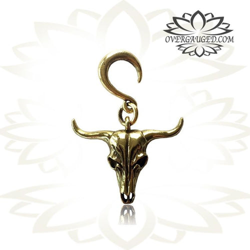 6g (4mm) Piercing Brass Earrings Long Horn Bull Skull, Animal Skulls Earrings, Brass Body Jewelry.