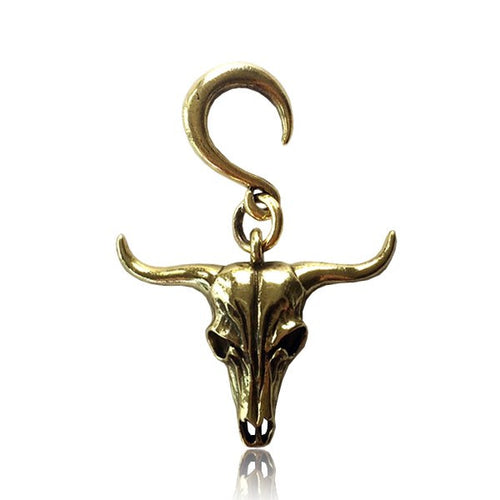 6g (4mm) Piercing Brass Earrings Long Horn Bull Skull, Animal Skulls Earrings, Brass Body Jewelry.