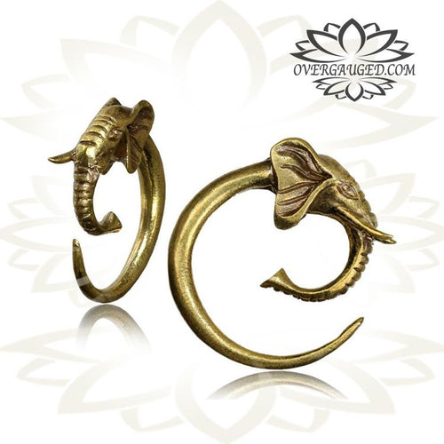 Pair Antiqued Tribal Elephant Brass Earrings, Large Spiral Hoop Brass Gauges Piercing, Brass Ear Weights.