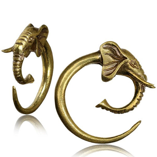 Pair Antiqued Tribal Elephant Brass Earrings, Large Spiral Hoop Brass Gauges Piercing, Brass Ear Weights.