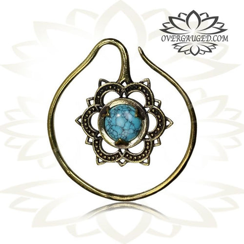 Pair 14g (1.6mm) Brass Earrings, Tribal Brass Jewelry Mandala Flower with Turquoise Stone, Double Sided.