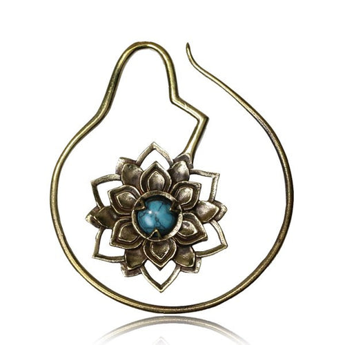 Pair 14g (1.6mm) Ornate Brass Earrings Lotus Flower Tribal Brass Spirals with Turquoise Stone, Brass Body Jewelry.