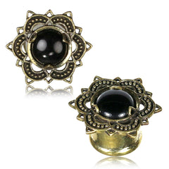 Pair Ornate Brass Tunnels, Tribal Lotus Flower Earrings with Onyx Stone Inlay, Tribal Brass Plugs,  Double Flared Gauges, Tribal Body Jewelry.