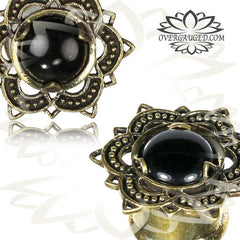 Pair Ornate Brass Tunnels, Tribal Lotus Flower Earrings with Onyx Stone Inlay, Tribal Brass Plugs,  Double Flared Gauges, Tribal Body Jewelry.