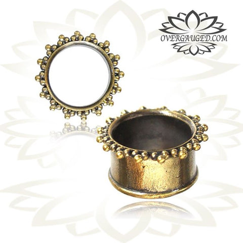 Pair of Antiqued White Brass Tunnels, Silver Lotus Tunnels, Tribal Double Flared Brass Plugs, Brass Body Jewelry Gauges.