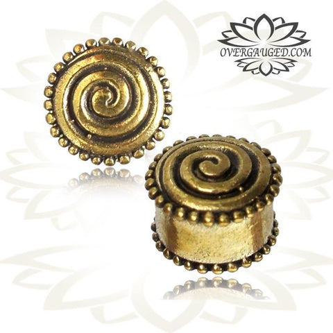 Pair Ornate Brass Tunnels, Tribal Lotus Flower Earrings with Onyx Stone Inlay, Tribal Brass Plugs,  Double Flared Gauges, Tribal Body Jewelry.