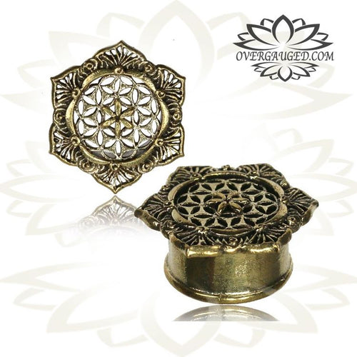 Pair Ornate Brass Flower Of Life Antiqued Tunnels, Tribal Plugs Ear Gauges Double Flared Plug.