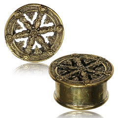 Pair of Antiqued Brass Plugs, Wheel of Karma Brass Tunnels, Brass Ear Plugs, Tribal Brass Gauges, Tribal Brass Body Jewelry.