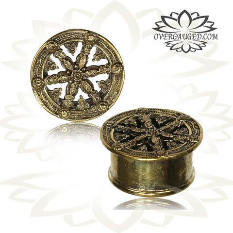 Pair Antiqued White Brass Tunnels with Afghan Dots, Tribal Brass Gauges, Double Flared Plugs, Body Jewelry.