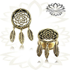 Pair Ornate Brass Plugs, Tribal Dream Catcher Tunnels, Tribal Ear Gauges, Double Flared Brass Plugs, Brass Body Jewelry.