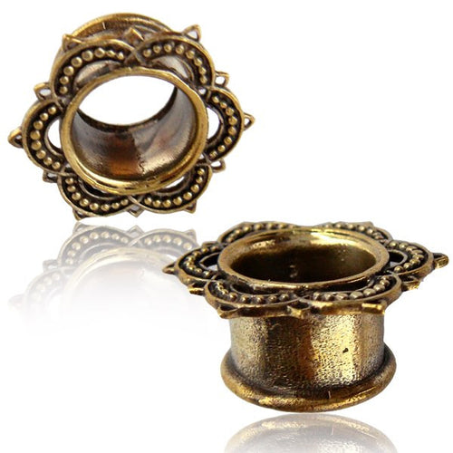 Pair of Antiqued Brass Plugs, Lotus Brass Ear Tunnels, Double Flared Plugs, Tribal Brass Gauges, Brass Body Jewelry.