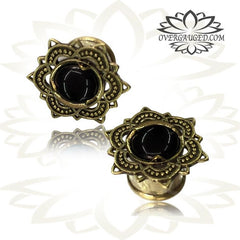 Pair Ornate Brass Tunnels, Tribal Lotus Flower Earrings with Onyx Stone Inlay, Tribal Brass Plugs,  Double Flared Gauges, Tribal Body Jewelry.