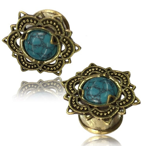 Pair of Antiqued Brass Plugs, Lotus Brass Tunnels with Turquoise Inlay Stone, Double Flared Brass Plugs, Brass Tribal Body Jewelry.