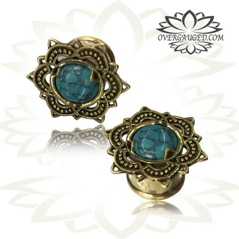 Pair Ornate Tribal Brass Tunnels, Flower Of Life Antiqued Brass Plugs, White Brass Tunnels, Brass Body Jewelry.