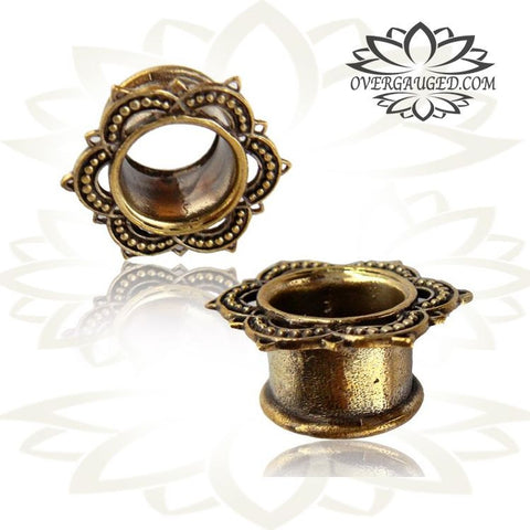 Pair Ornate Tribal Brass Tunnels, Flower Of Life Antiqued Brass Plugs, White Brass Tunnels, Brass Body Jewelry.