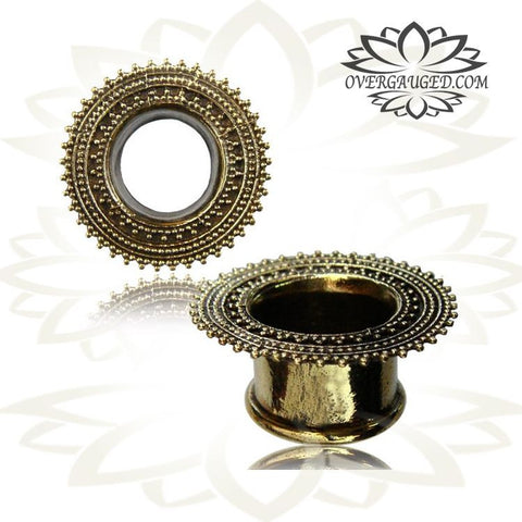 Pair Ornate Brass Tunnels, Brass Lotus Leaf Tunnels, Tribal Ear Gauges, Tribal Double Flared Plugs, Brass Body Jewelry.