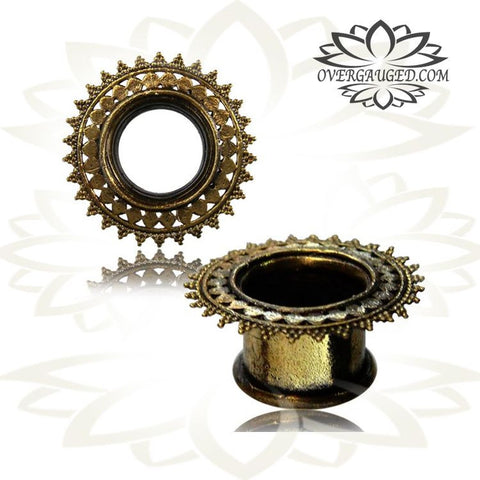 Pair Antiqued White Brass Tunnels with Afghan Dots, Tribal Brass Gauges, Double Flared Plugs, Body Jewelry.