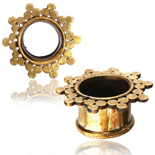Pair of Beautiful Brass Plugs, Bali Style Dots Brass Tunnels, Double Flared Brass Plugs , Brass Body Jewelry.