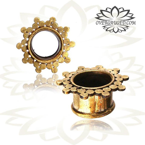 Pair Brass Plugs, Lotus Flower Plugs, Hanging Dangle Chandelier Plugs, Ear Gauges, Double Flared Plugs, Brass Body Jewelry.