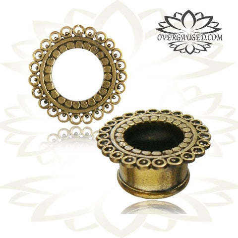 Pair Ornate Brass Tunnels, Tribal Lotus Flower Earrings with Onyx Stone Inlay, Tribal Brass Plugs,  Double Flared Gauges, Tribal Body Jewelry.