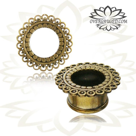 Pair of Antiqued Brass Plugs, Om Symbol Gauges, Tribal Brass Flower Tunnels, Tribal Brass Jewelry.