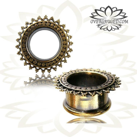 Pair of Antiqued White Brass Tunnels, Silver Lotus Tunnels, Tribal Double Flared Brass Plugs, Brass Body Jewelry Gauges.