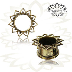 Pair Ornate Brass Tunnels, Brass Lotus Leaf Tunnels, Tribal Ear Gauges, Tribal Double Flared Plugs, Brass Body Jewelry.